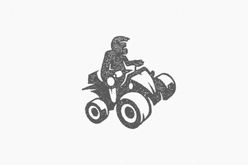 Black silhouette person in helmet driving quadricycle trip in countryside hand drawn stamp effect vector illustration