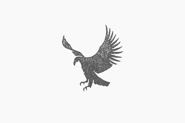 Black silhouette wild eagle soaring in sky in countryside hand drawn stamp effect vector illustration.