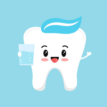 Cute Kids Tooth With Water Or Mouthwash. Flat Design Cartoon Smiling Character With Healthy Drink Vector Illustration. Happy White Tooth Isolated On Background. Food For Dental Teeth Health Concept.