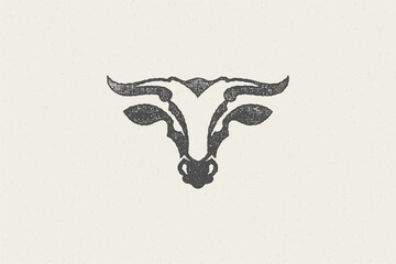 Bull head silhouette with large horns for animal husbandry industry hand drawn stamp vector illustration.