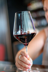 An unrecognizable woman holds a glass of red wine in her hand. Close-up. Women's beauty and elegance. A large glass of red wine in the hand of a beautiful girl. Selective focus.