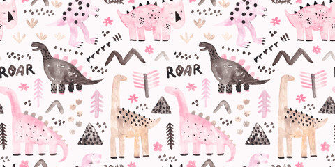 Watercolor seamless pattern with dinosaurs, trees and mountains. Childish texture for fabric, wrapping, textile, wallpaper, apparel. Hand drawn illustration. © bukhavets