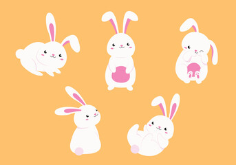 Collection Of Cute Rabbit Cartoon Element. Vector Illustration Flat Design. Cute Rabbit In Alternative Pose Concept.