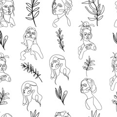 One line woman portrait and leaves seamless pattern in contemporary abstract style. Vector hand drawn illustration.