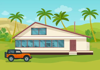 House and SUV car on the background of a tropical landscape with palm trees and mountain. Vector flat illustration.