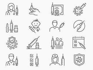 Vaccine icon set. Collection of syringe, coronavirus, covid 19 and more. Vector illustration. Editable Stroke.