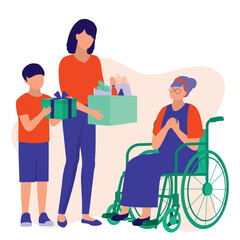 Woman And Children Brought Some Food And Gift To A Disabled Elderly Woman. Acts of Kindness Concept. Vector Illustration Flat Cartoon. Senior Woman Feeling Blessed And Grateful.