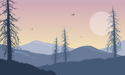 Fabolous scenery trees and mountains in the morning. Vector illustration