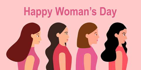 Women in pink dresses in flat design. Happy woman’s day. International woman day. Female power.