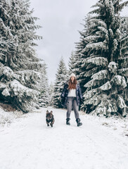 Front view of a girl walking her dog in the park through a snow-covered pine forest in winter.Hiking with your best friend.Winter lifestyle. reconnecting with nature.local travel