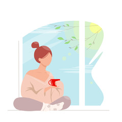 Spring mood. Stylish woman drinks tea on a window. Cozy sunny morning. Abstract girl sitting with a cup and enjoyed calm.
