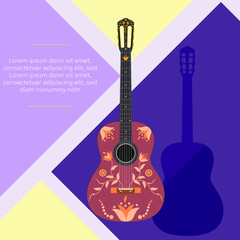 Classic red guitar design with floral decoration. Flat illustration. 
