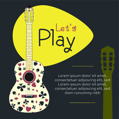 Classic white guitar design with playing cards decoration. Flat illustration. 