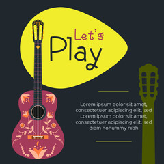 Classic wooden guitar design with floral decoration. Flat illustration. 