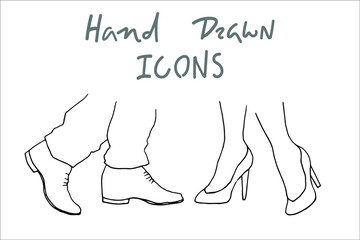 female and male legs opposite each other. vector hand drawn sketch illustration of woman and man dancers feet.