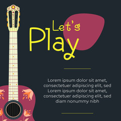 Classic wooden guitar design with floral decoration. Flat illustration. 