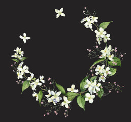 Watercolor wreath of jasmine and pink flowers. For congratulations, invitations, weddings, anniversaries, birthdays 