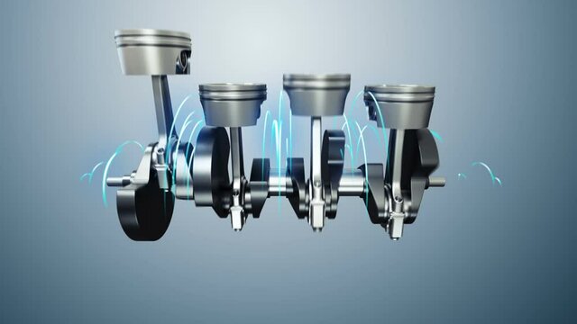 3d footage with automobile motor with working pistons and crankshafts inside camera view and energy lines. Concept of automobile engine
