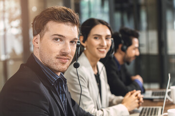 Operator teamwork happy smile, Business call center help desk service team working in office.