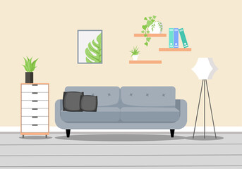 Modern interior in bright colours with workplace, lamp, sofa, chair, bookcase, , picture , pillows ,books stock vector illustration. Living room interior. Flat design vector illustration.
