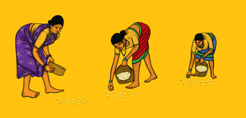 Indian rural women collecting flowers.