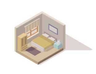Vector isometric low poly bedroom cutaway icon made in muted colors. Room includes such elements as bed, cabinet, nightstand, window and carpet.