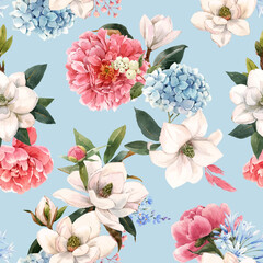Beautiful vector seamless pattern with hand drawn watercolor gentle white magnolia and hydrangea flowers. Stock illustration. © zenina