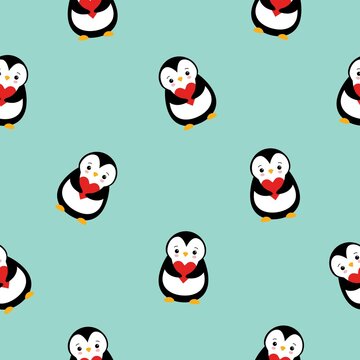 Vector seamless pattern of colored flat cartoon cute penguin with heart isolated on green background