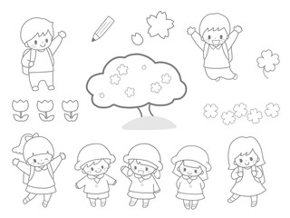 幼稚園生や小学生のかわいい子ども達の入園入学など桜の春の手描き風線画イラスト