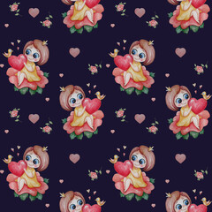 Seamless patterns. A cute princess girl with a hairstyle sits on a flower with a big heart in her hands on a black background with hearts, flowers, roses and birds. Watercolor
