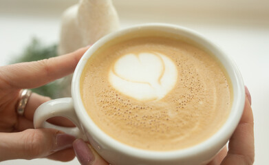 Close up of beautiful female hands holding big white cup of cappuccino coffee. Selective focus.