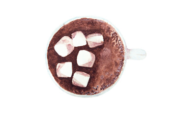 Watercolor drawing of cup of cocoa with marsmallow isolated on the white background. Hand painted illustration of coffee