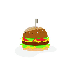 Colorful, bright Hamburger, vector illustration isolated on white background. Graphic detailed clipart with bun, cheese, tomatoes, salad. For promotion, advertising, menu.