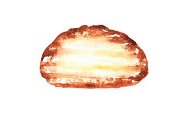 Watercolor drawing of toasted bread slice with butter isolated on the white background. Hand painted illustration of roasted bread. Breakfast.