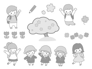 幼稚園生や小学生のかわいい子ども達の入園入学など桜の春の手描き風モノトーンイラストセット