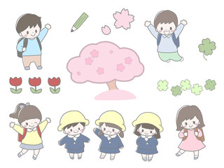 幼稚園生や小学生のかわいい子ども達の入園入学など桜の春の手描き風イラストセット