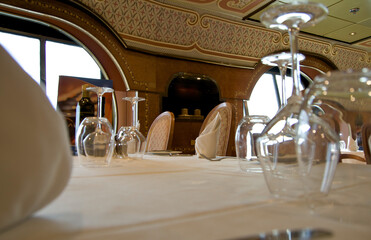 Elegant and formal dining room or restaurant onboard Italian luxury cruiseship or cruise ship liner...