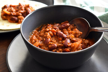 Chilli con carne.  Mexican food. Spicy healthy dish.