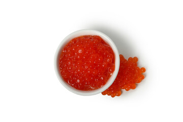 Bowl with red caviar isolated on white background