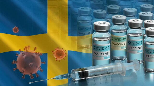 Sweden to launch COVID-19 vaccination campaign. Coronavirus vaccine vials, Covid 19 cells and flag of Sweden. Fighting the epidemic. Research and creation of a vaccine. Seamless loop video.