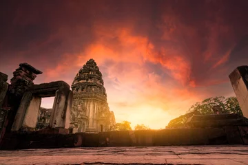 Wall murals Place of worship Selective focus on Phimai Historical Park with sunset sky. Landmark of Nakhon Ratchasima, Thailand. Travel destinations. Historic site is ancient. Ancient building. Khmer temple classical architecture