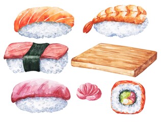 Watercolor sushi set on white background. Watercolour food illustration.