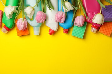 Detergents, sponges and tulips on yellow background