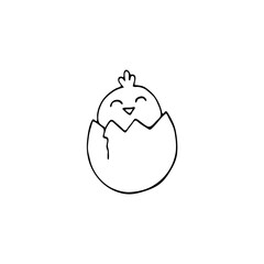 Doodle image of a chicken in an egg. Hand drawn childrens illustration