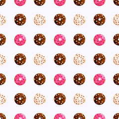 Cute seamless pattern with chocolate-covered donuts and pink icing