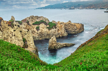 Fototapeta na wymiar California nature - landscape, beautiful cove with rocks on the seaside in Garrapata State Park. County Monterey, California, USA. Long exposure photo.