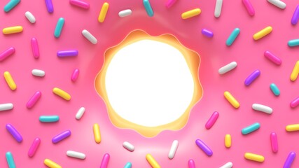 Pink glazed donut with colorful sprinkles and place for your content