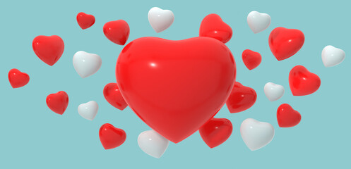 abstract 3d rendering red and white heart shape balloon design on blue background