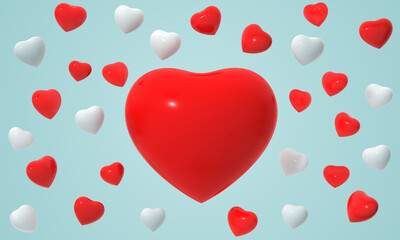 abstract 3d rendering red and white heart shape balloon group pattern design on blue background