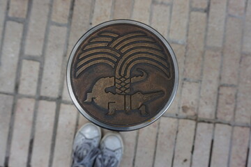 a pillar next to the Arenes de Nimes showing a crocodile chained to a palm tree, Occitanie, France, November